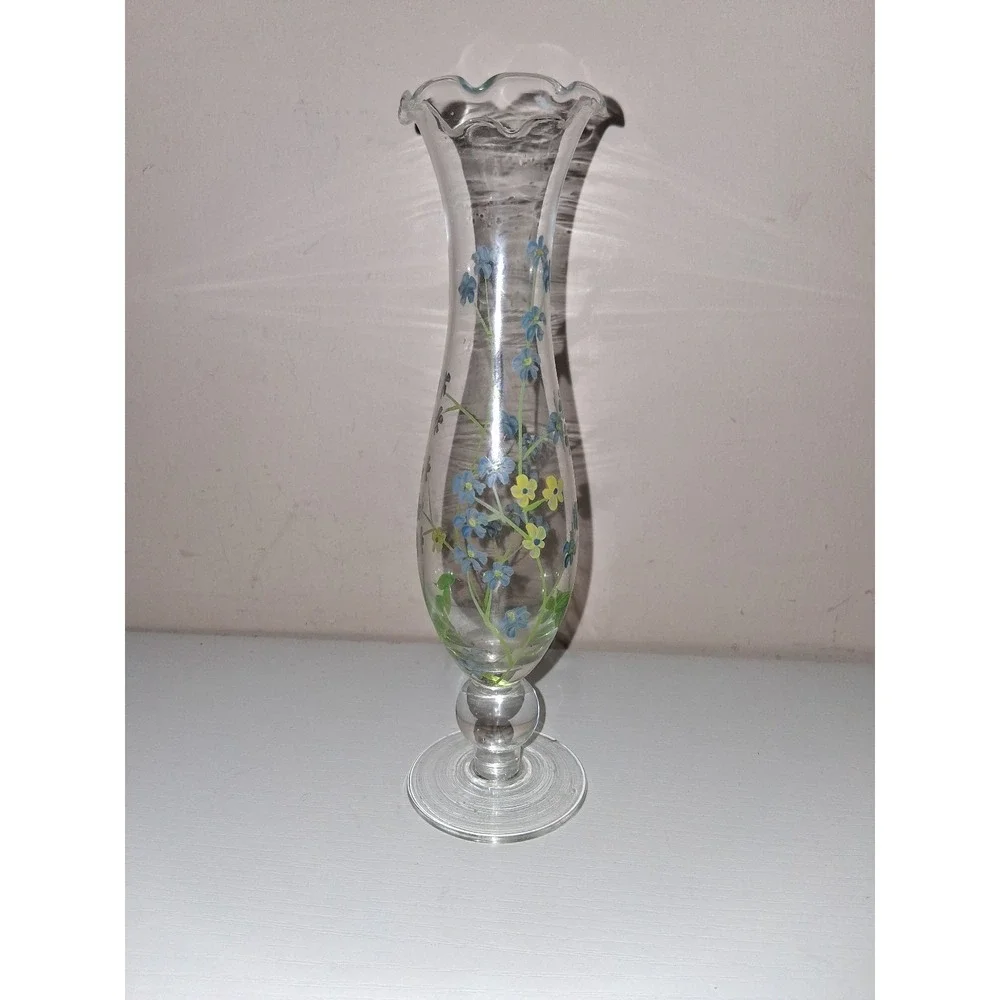 Vintage Hand Painted Glass Bud Vase Forget Me Not Flowers Ruffled Rim 7.5